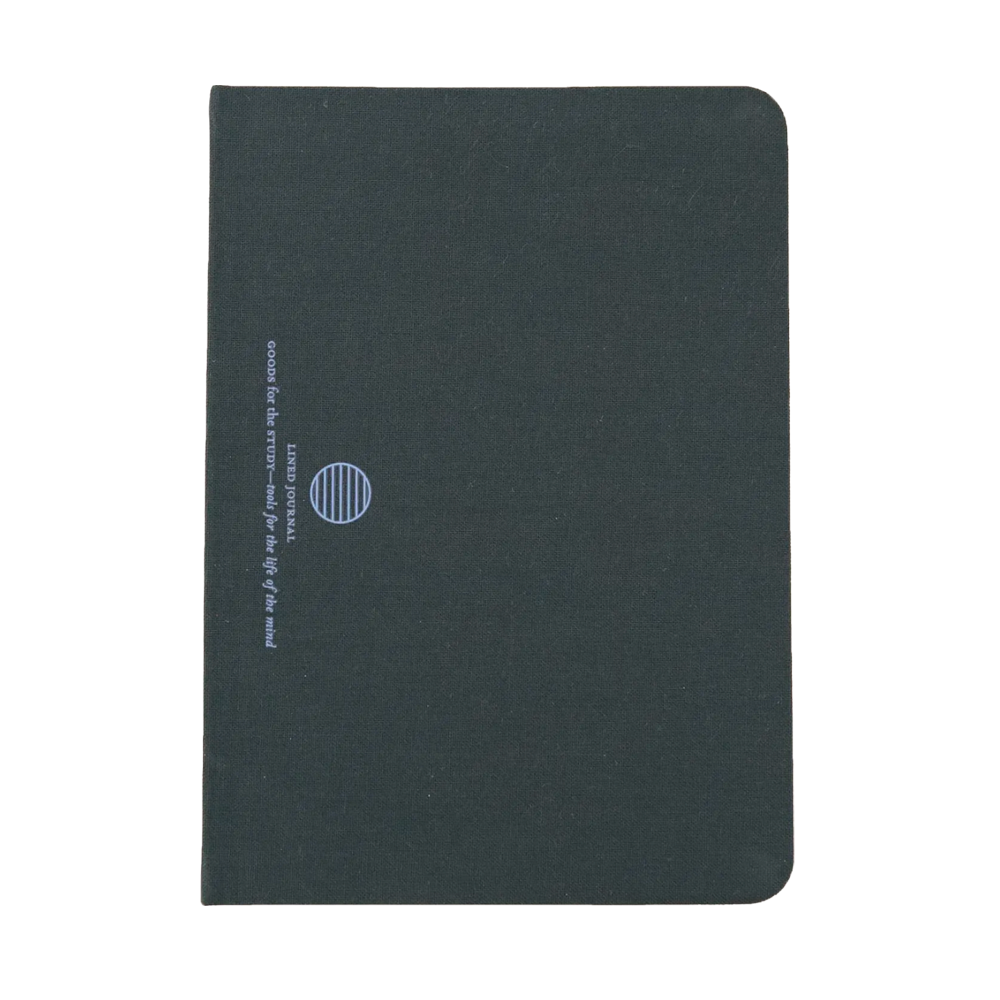 A dark green hardcover notebook with rounded corners, featuring a small blue striped oval logo and white text on the left side, set against a plain white background.