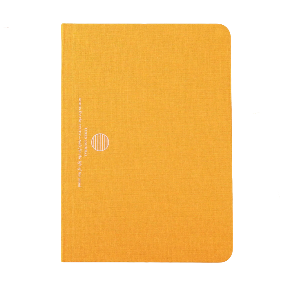 A yellow hardcover notebook with a minimalist white circular logo and vertical text on the left side, photographed flat against a white background.