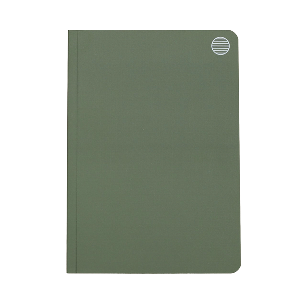 A minimalist notebook with a solid sage green cover, rounded bottom corners, a thin matching spine, and a small white circular striped logo in the top right corner, set against a plain white background.