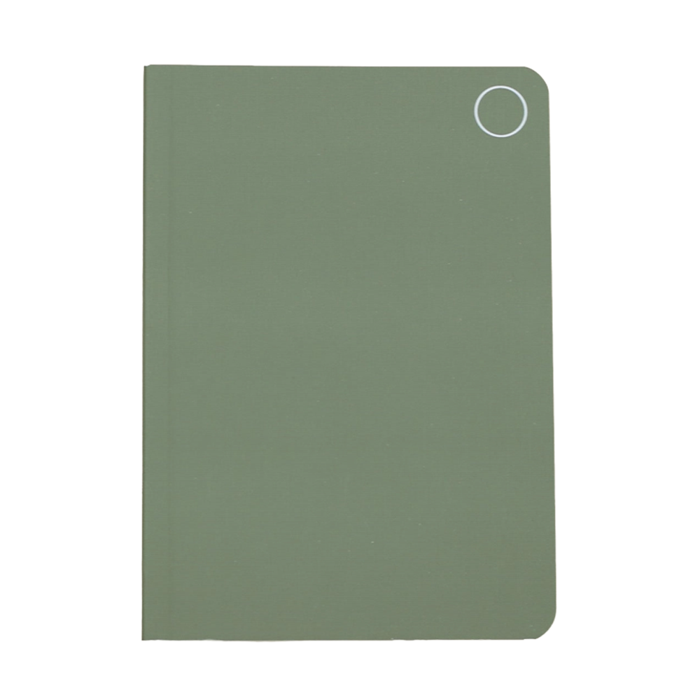 A minimalist notebook with a solid sage green cover, rounded bottom corners, and a small white circular ring detail in the top right corner, shown on a plain white background.