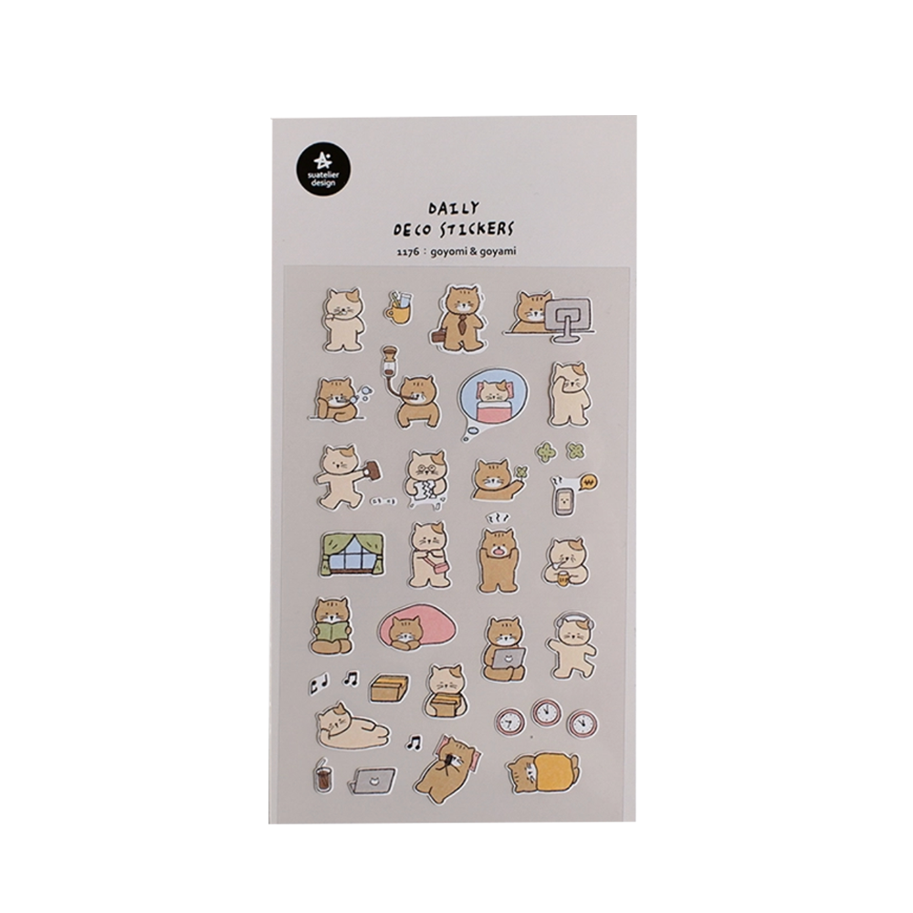 Sheet of decorative stickers with cartoon animal designs on a beige background