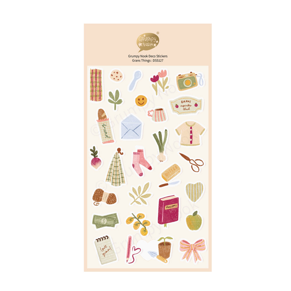 Sheet of decorative stickers with various illustrations on a white background