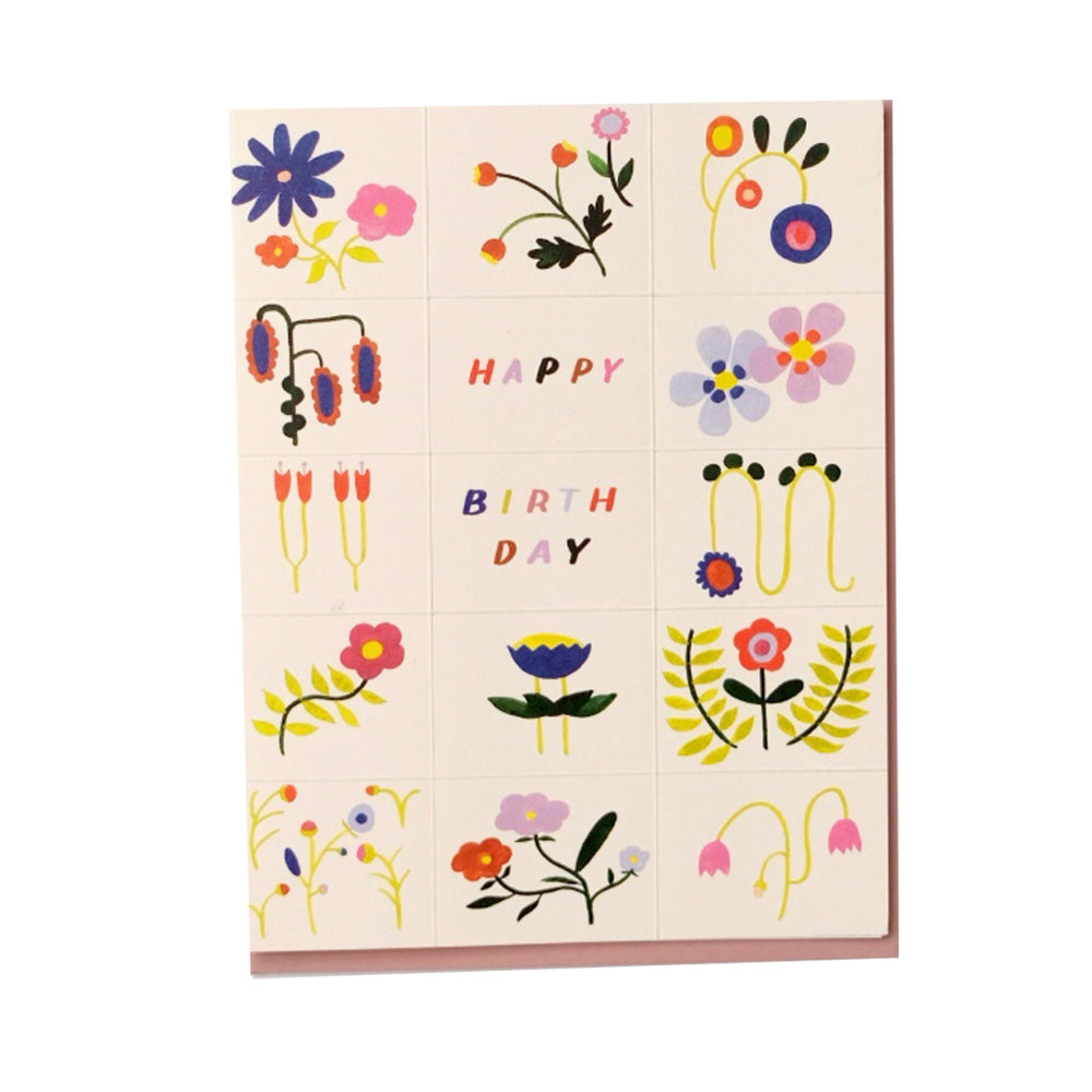 Flowers in a grid card with the text "Happy Birthday"