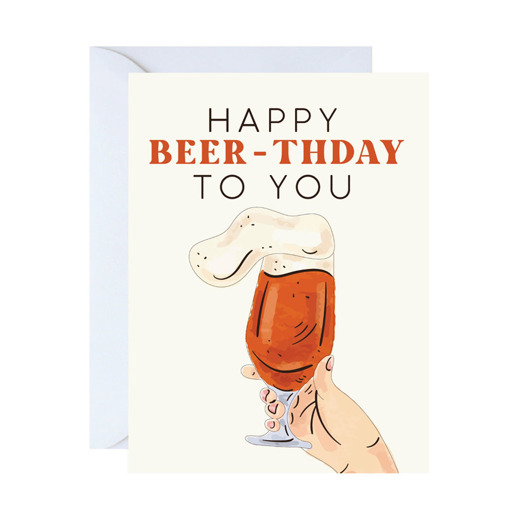 Birthday card with a hand holding a glass of beer and text 'Happy Beer-thday to you' on a white background.