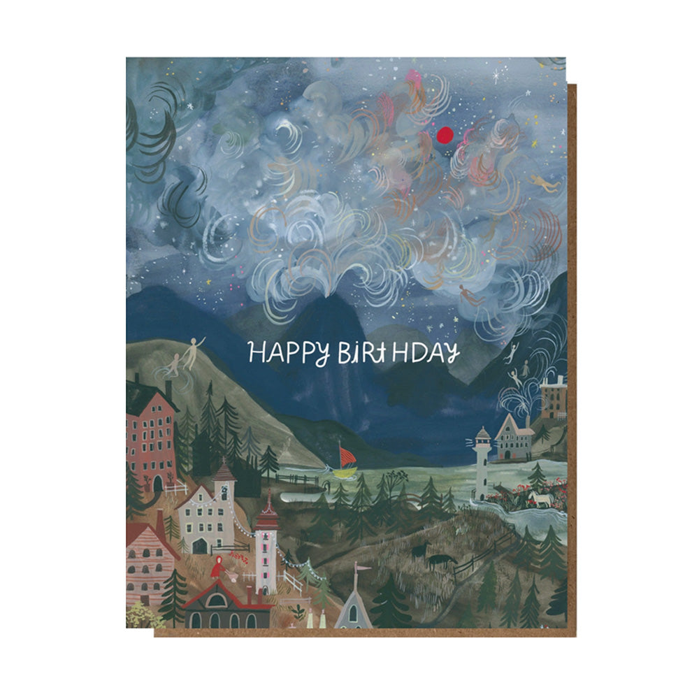 Greeting card with a colorful illustration of a town under a starry sky, featuring the text 'Happy Birthday'.