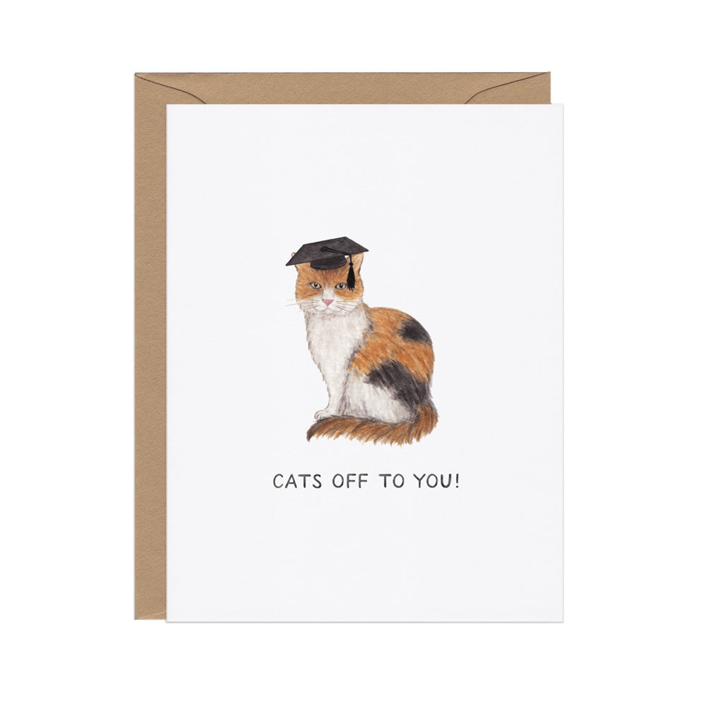 Card with a cat wearing a graduation cap and text 'Cats off to you!' on a white background.