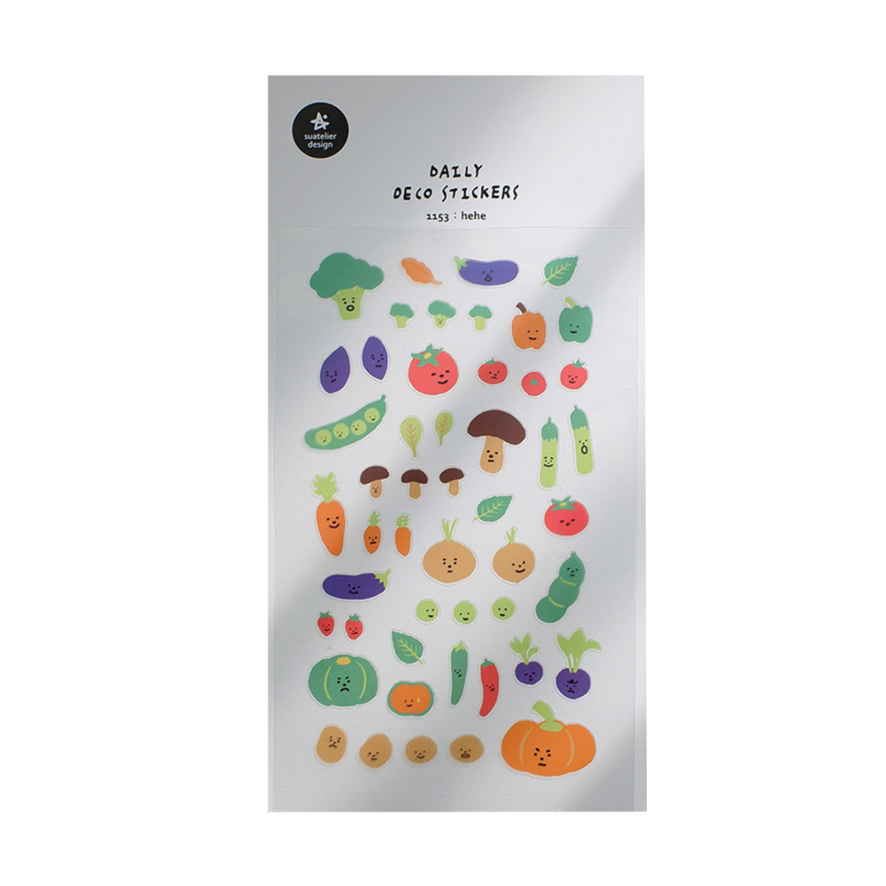 Sheet of colorful vegetable stickers with a brand logo on a white background