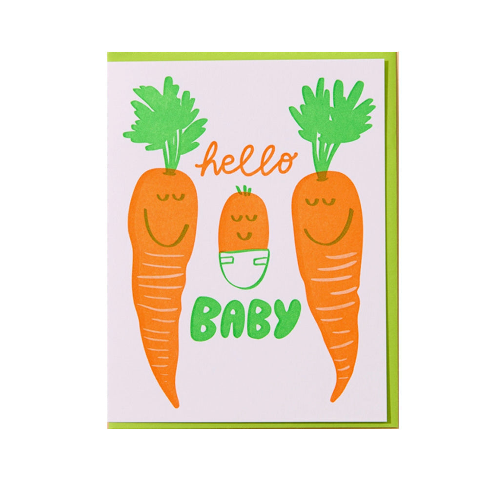 Card with cartoon carrots and text 'hello baby' on a white background