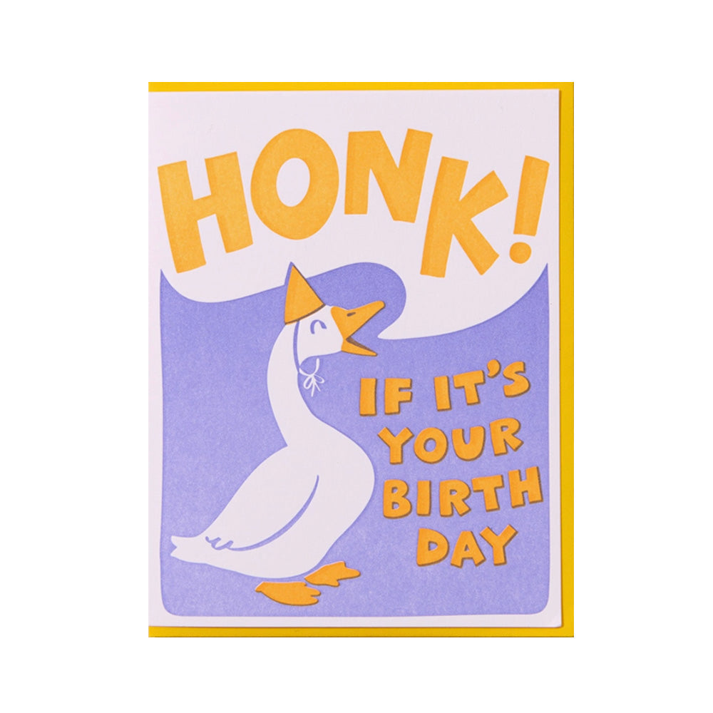 Greeting card with a goose illustration and text 'Honk! If it's your birthday' on a white background