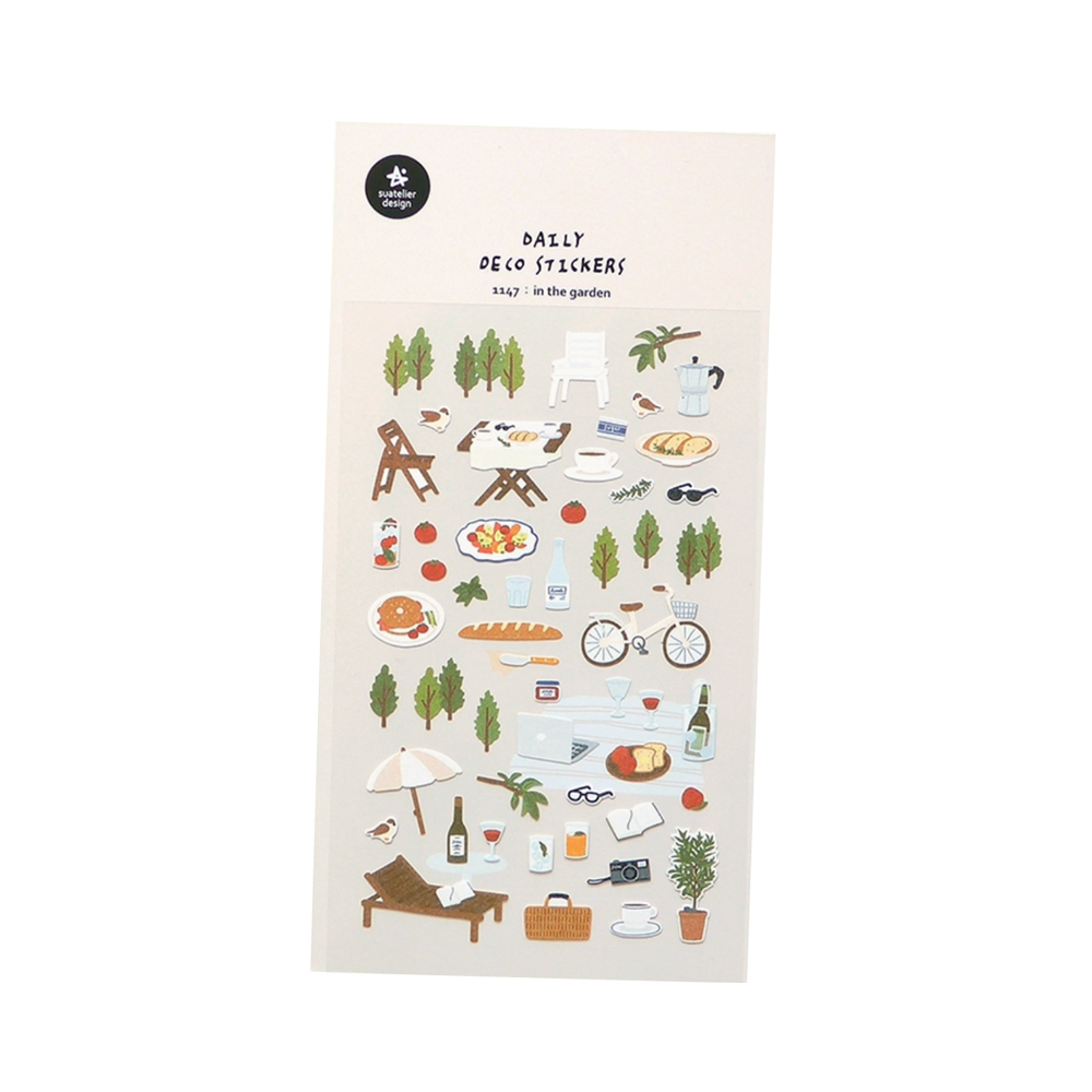 Sheet of decorative stickers with garden-themed illustrations on a white background