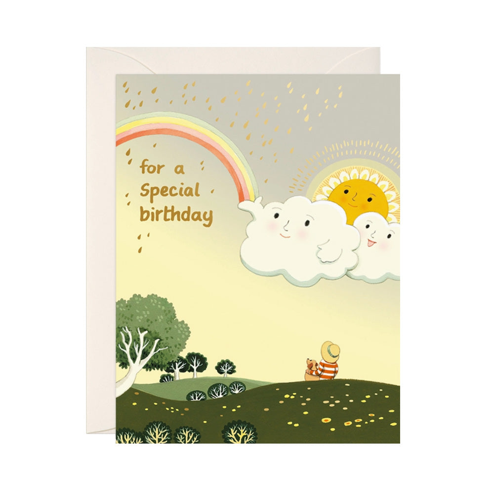 Birthday card with cartoon characters, rainbow, and sun on a white background with text "for a special birthday"