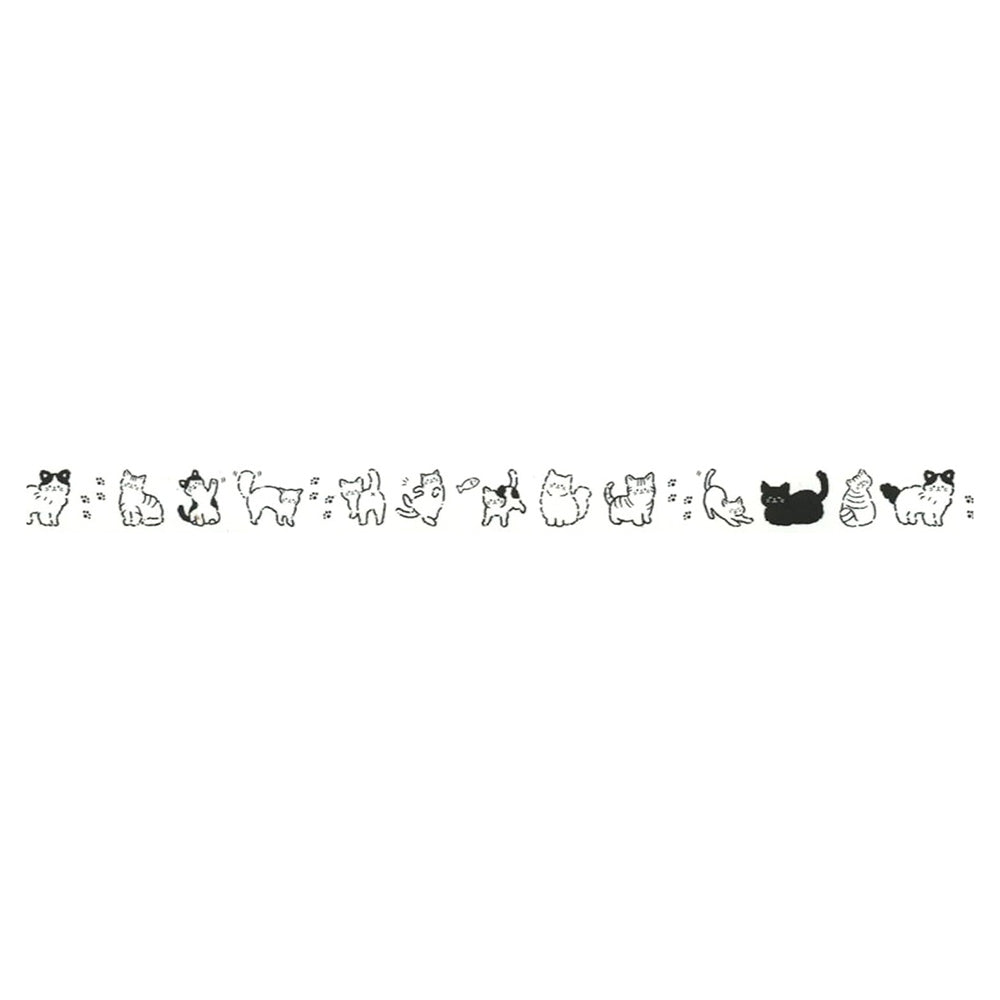 Repetitive pattern of cartoon cats in various poses on a white background