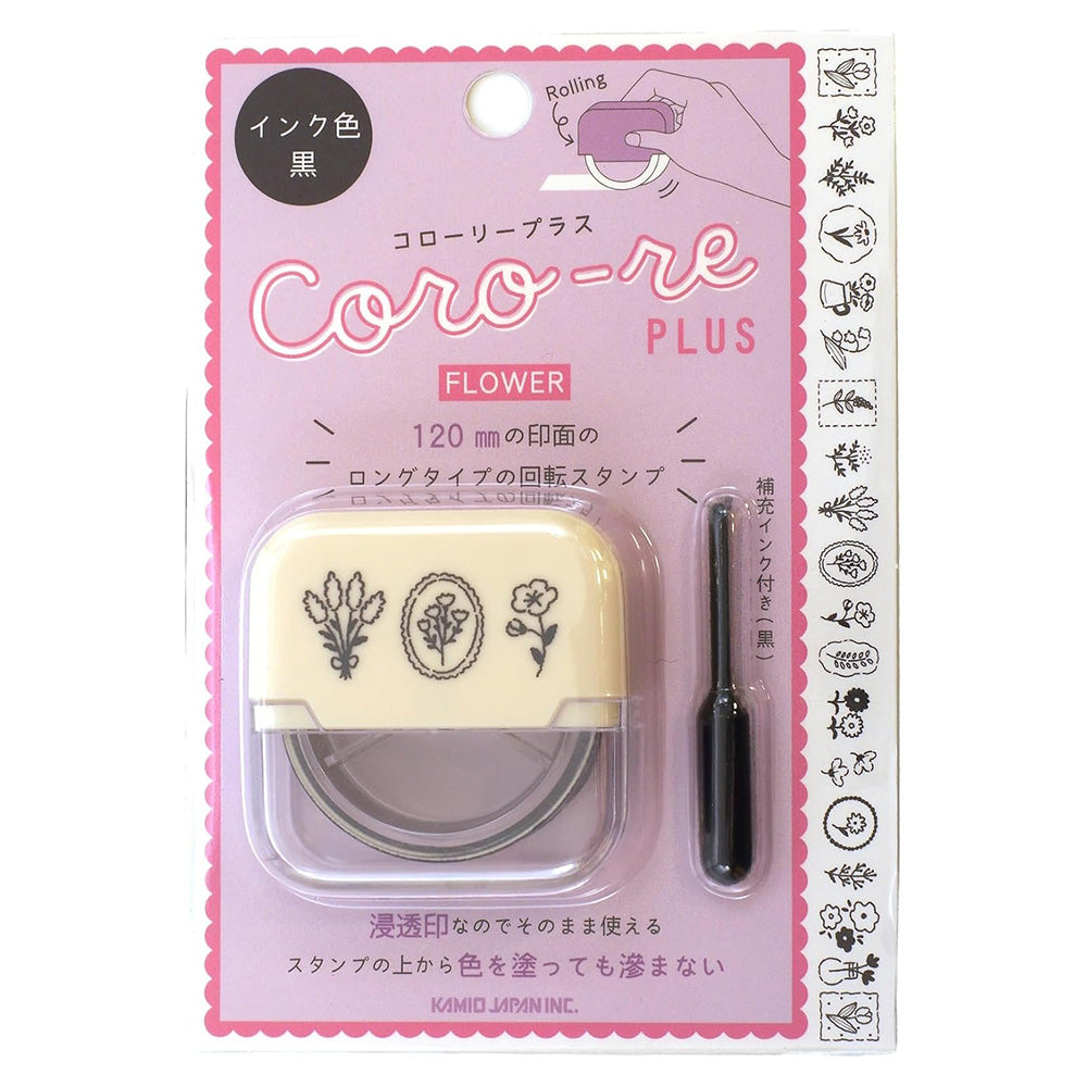 Coro-re Plus flower stamp set in pink packaging with Japanese text