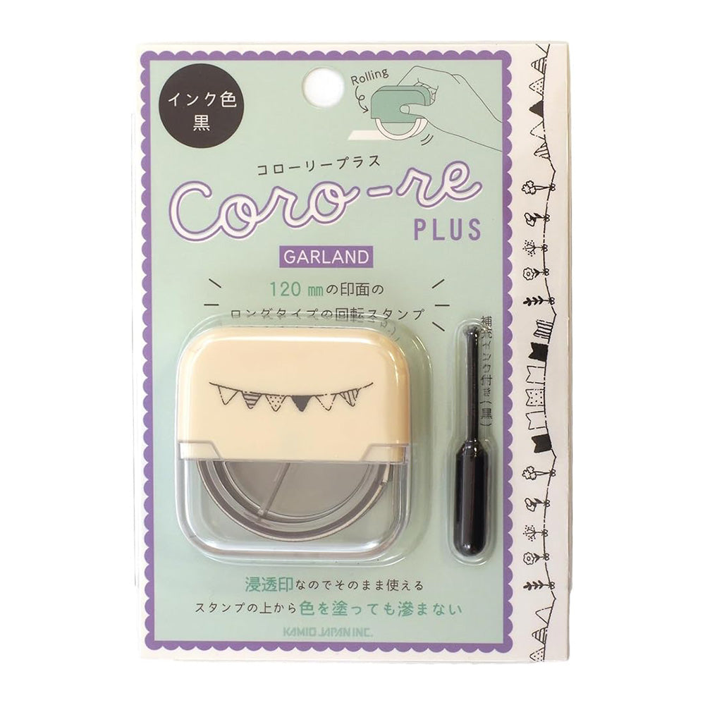 Coro-re Plus Garland stamp set packaging with beige stamp and black handle on a white background