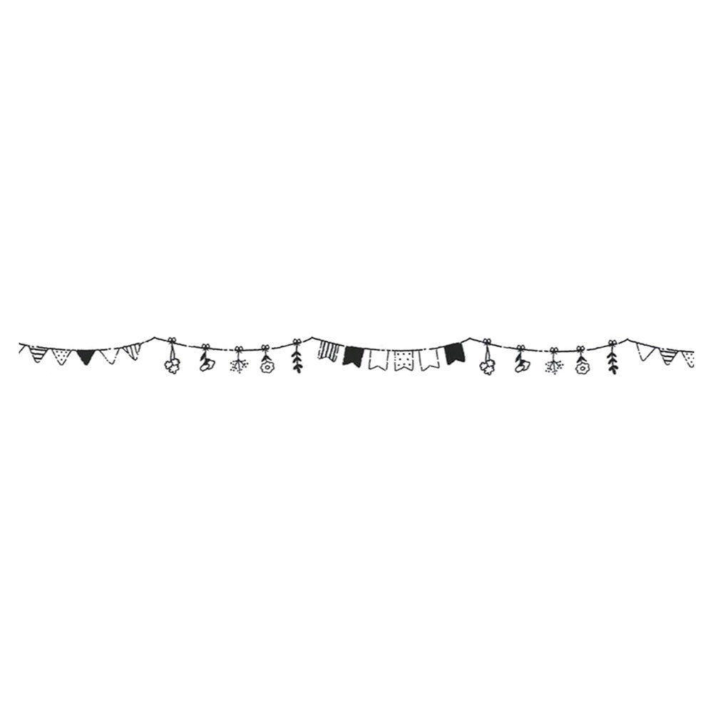 Black and white string banner with various shapes on a white background