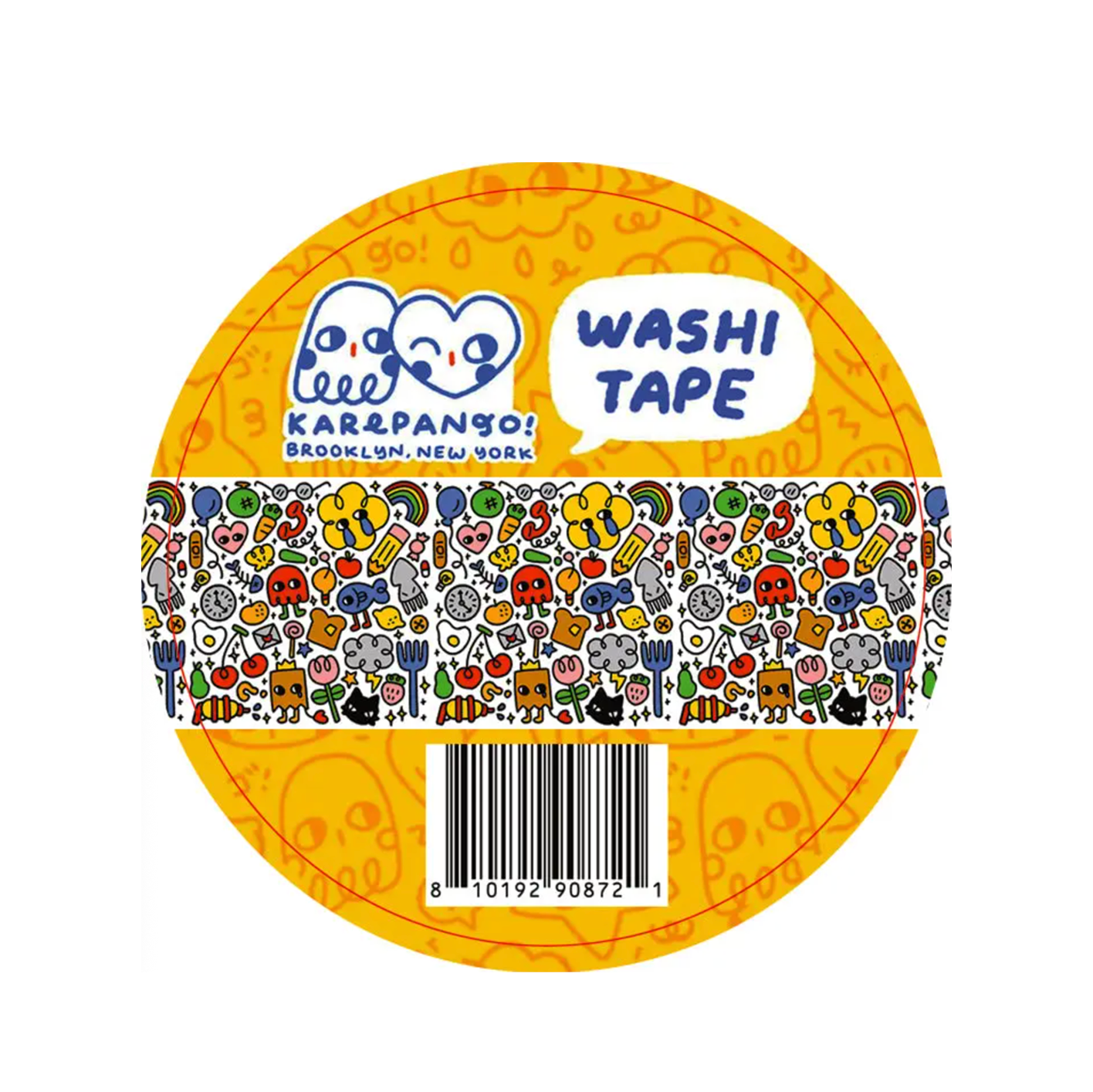 Washi tape with colorful design and Karepango branding on a yellow background