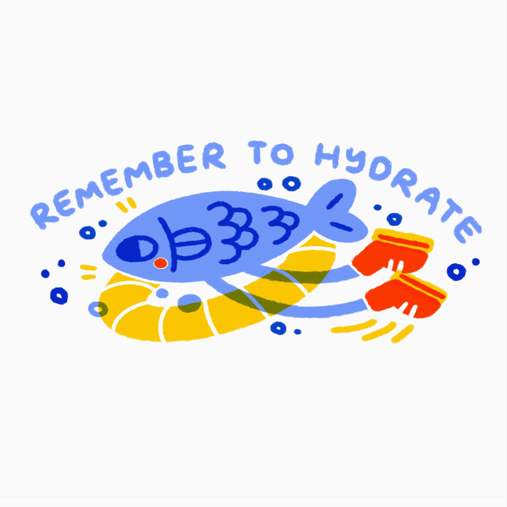 4 layer stamp of a fish with legs and shoes in a inner tube with the text 