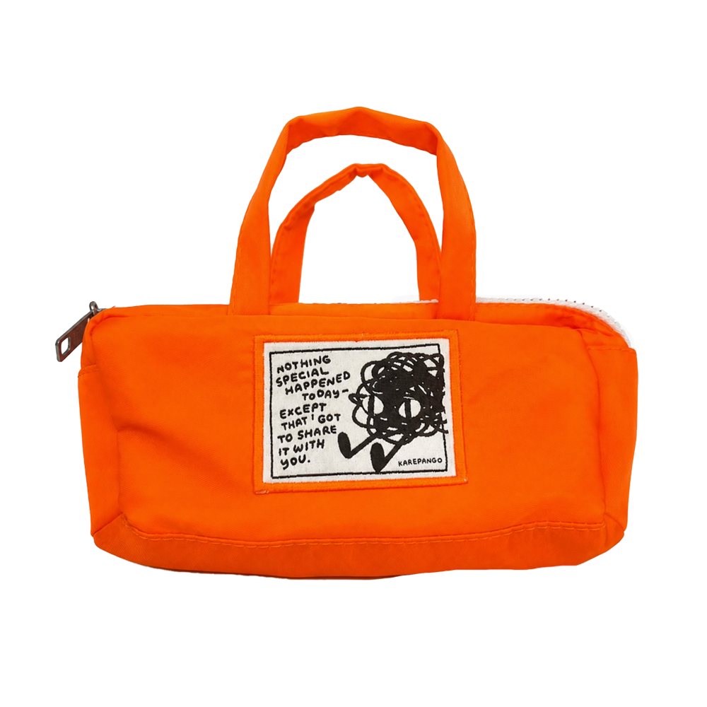 Zippered pencil pouch with a patch featuring an illustration and text 