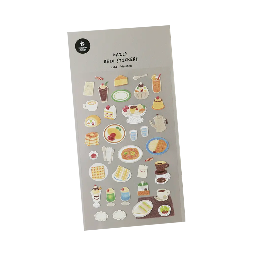 Sheet of decorative stickers with food illustrations on a gray background