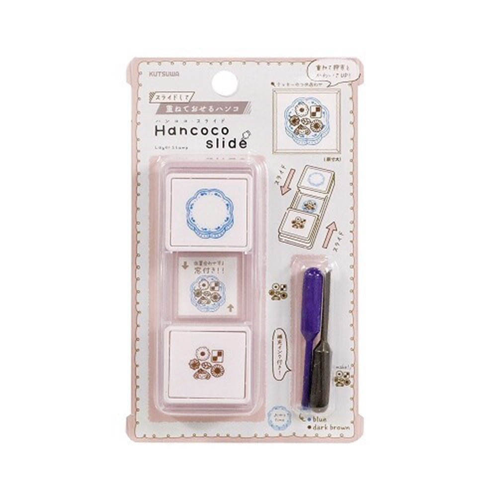 Hancoco slide stamp set packaging with stamps and a blade on a white background