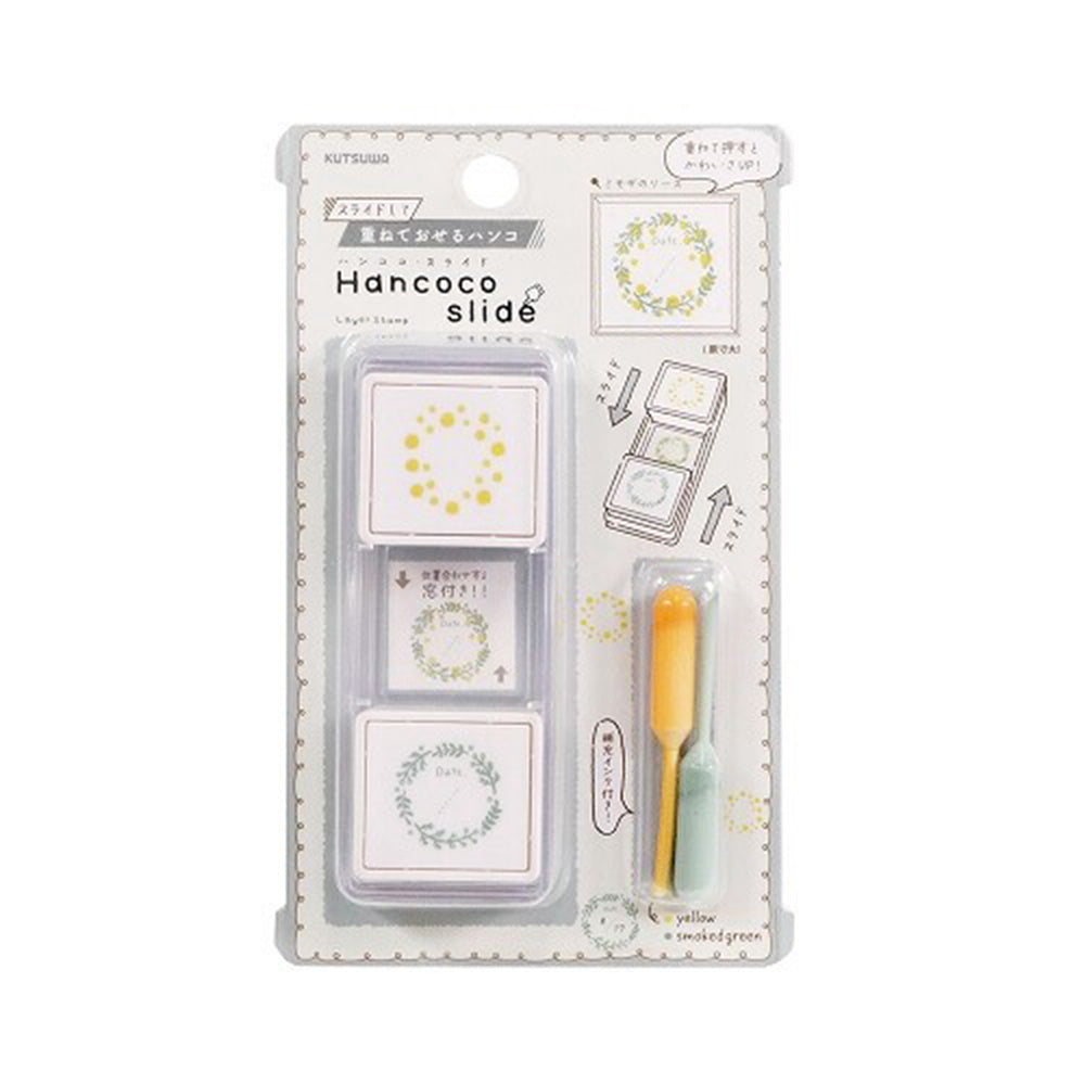 Hancoco slide stamp set packaging with stamps and a yellow tool on a white background