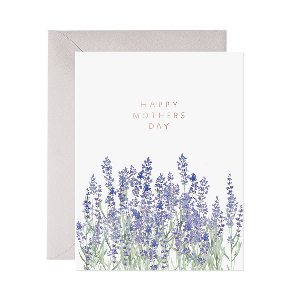 Greeting card with lavender illustration and 'Happy Mother's Day' text on a white background