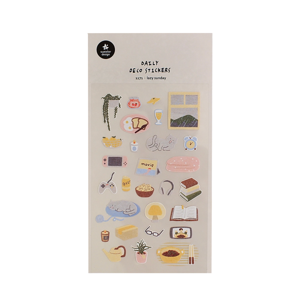 Pack of daily life-themed stickers on a beige background