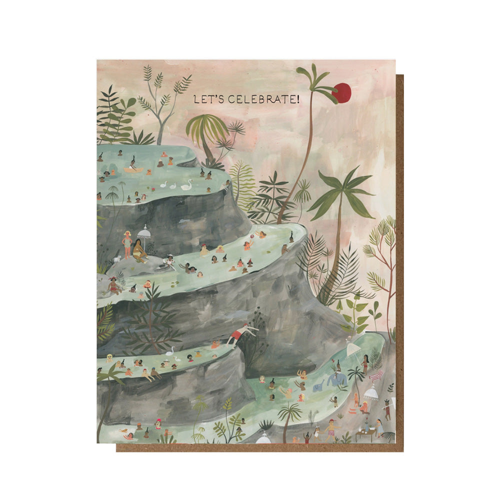 Illustrated card with a tropical scene and 'Let's Celebrate!' text