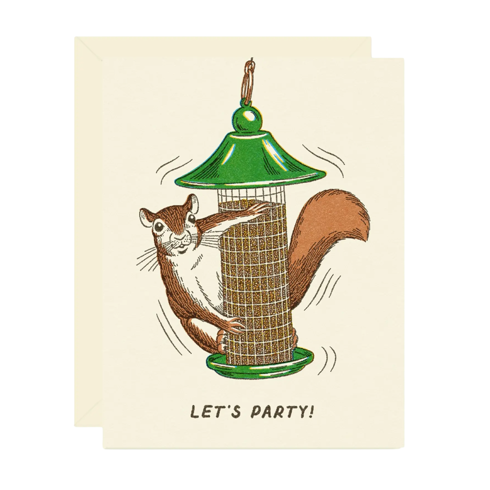 A  greeting card with a cream background featuring a vintage-style illustration of a brown squirrel climbing on a green bird feeder, with the text 'LET'S PARTY!' below. A second card is partially visible behind it.