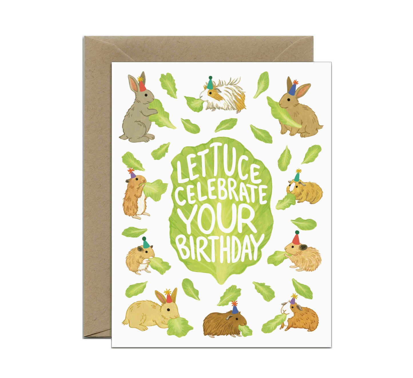 Greeting card with cartoon animals and 'Lettuce Celebrate Your Birthday' text on a white background.