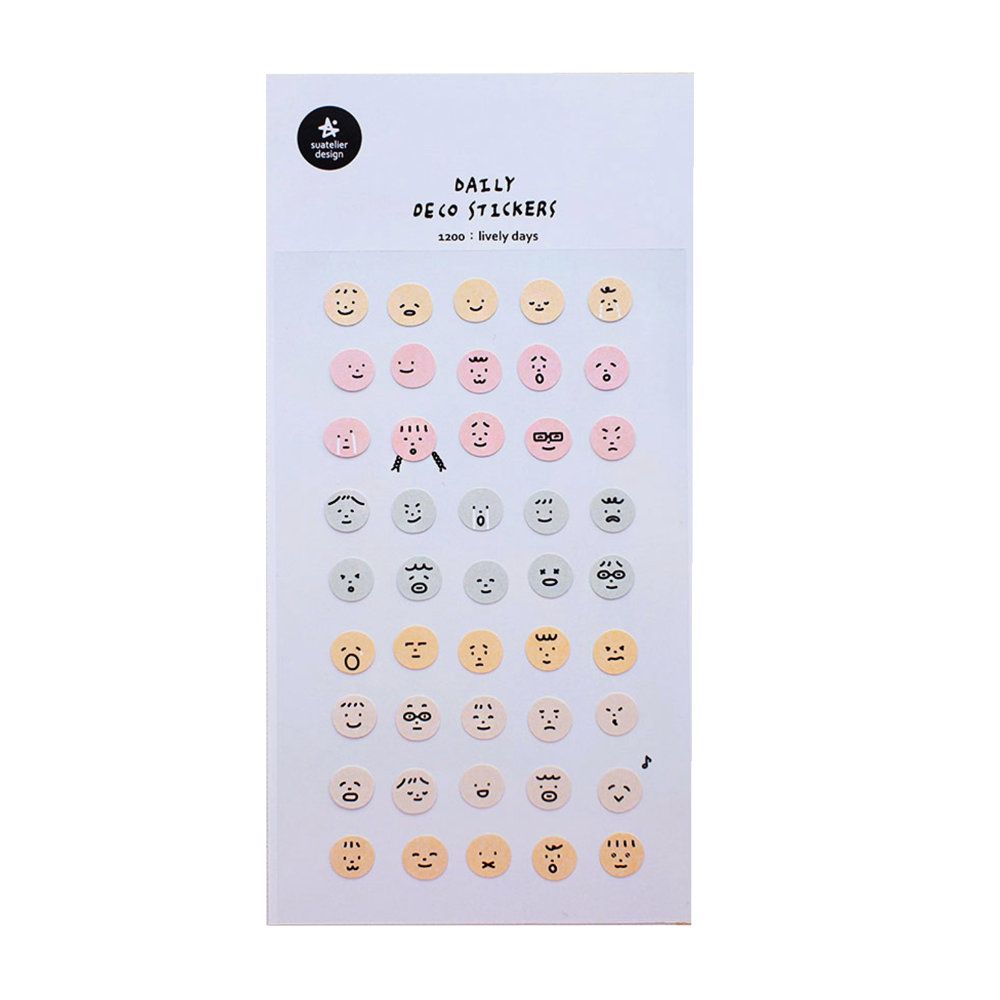 Sheet of decorative stickers with various small face designs on a white background