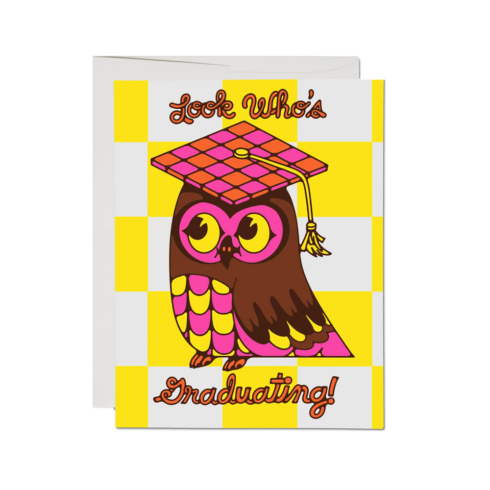 Graduation-themed greeting card with an owl wearing a cap on a yellow and white checkered background.