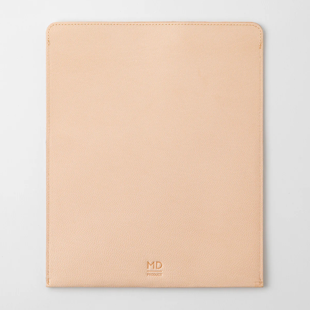 Beige leather case with 'MD Product' logo on a light gray background