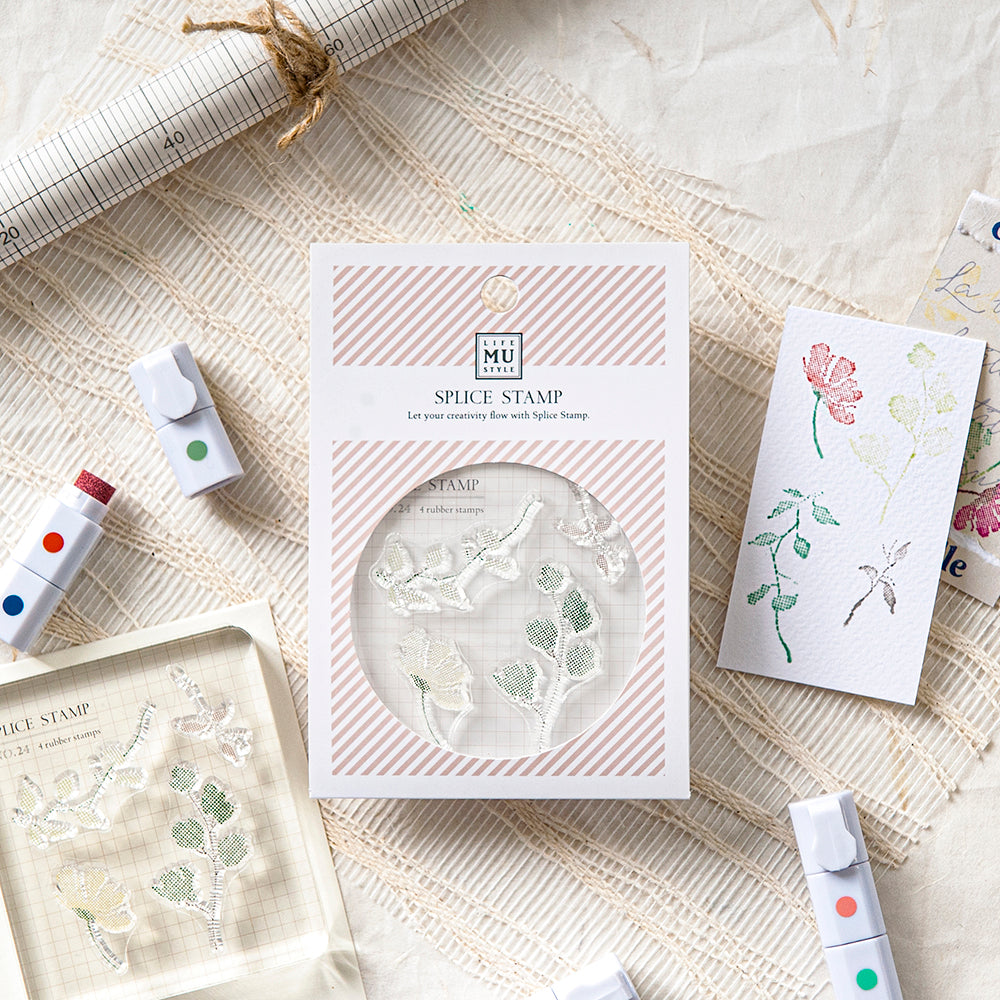 Spice stamp set with packaging on a textured surface
