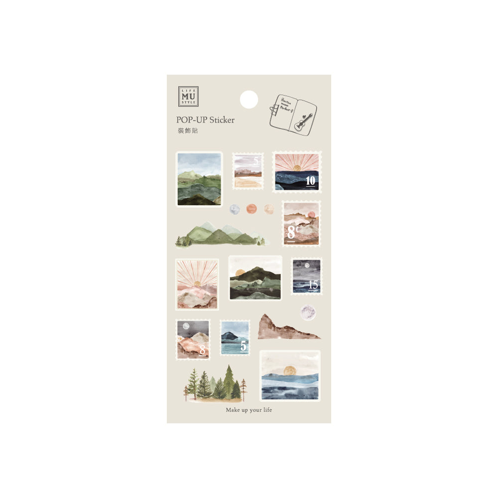 Pack of pop-up stickers with scenic designs on a beige background