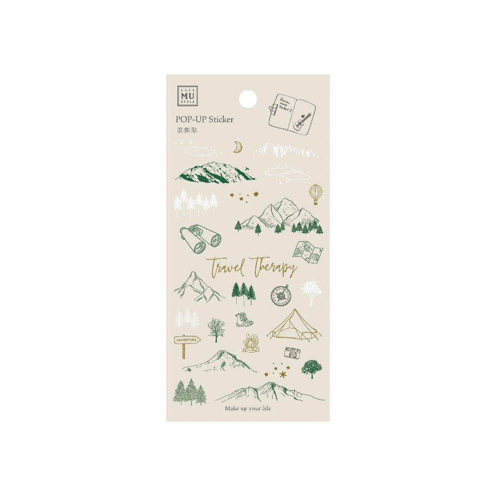 Packaging of travel-themed pop-up stickers with mountains, trees, and camping symbols on a beige background.
