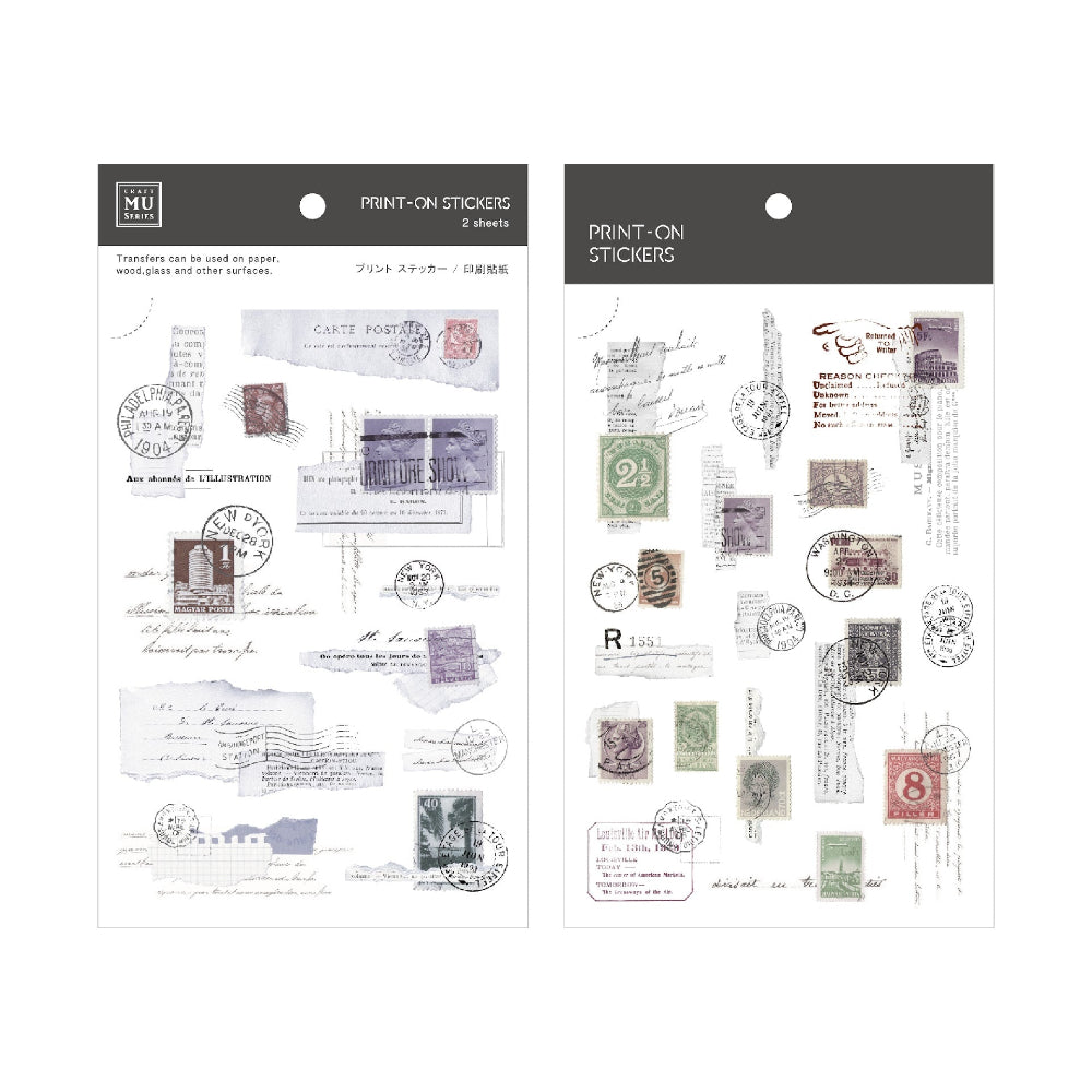Print-on stickers with postage stamp designs
