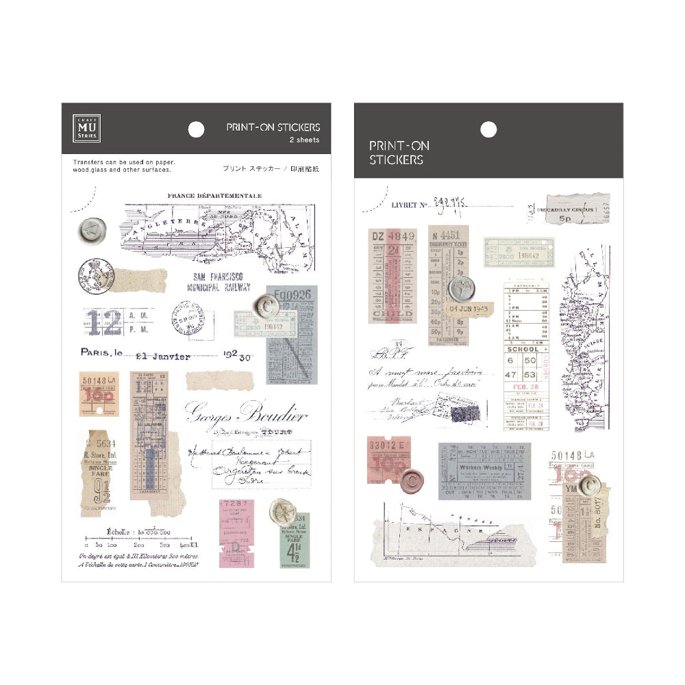 Two packages of print-on stickers with vintage design elements on a white background.