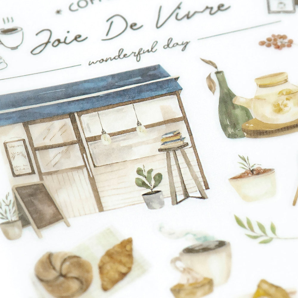 Sticker sheet with illustrations of a house, plants, and kitchen items on a white background.