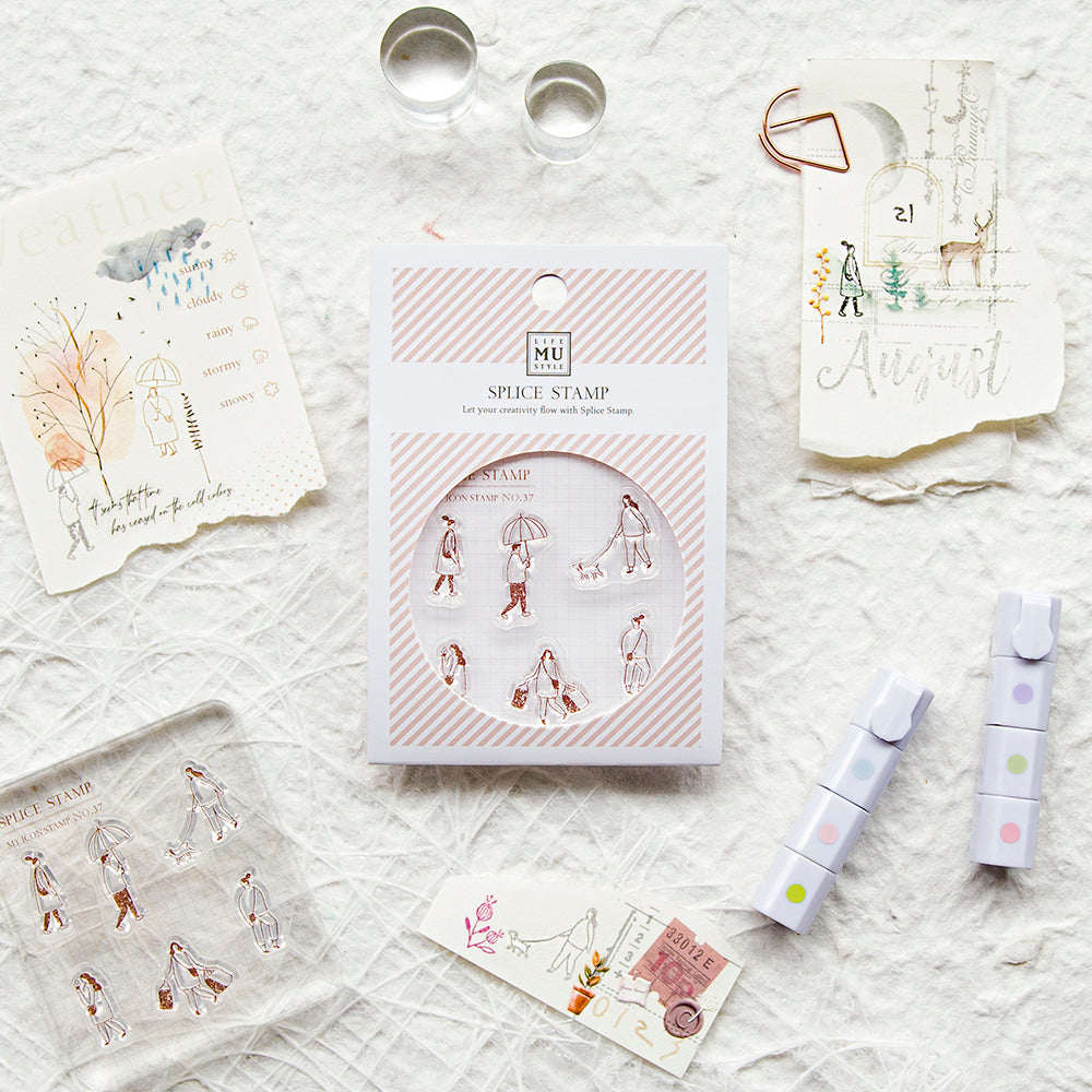 Spice stamp set with packaging on a textured surface