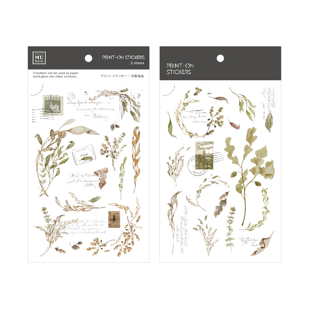 Two packages of print-on stickers with floral and nature-themed designs on a white background.