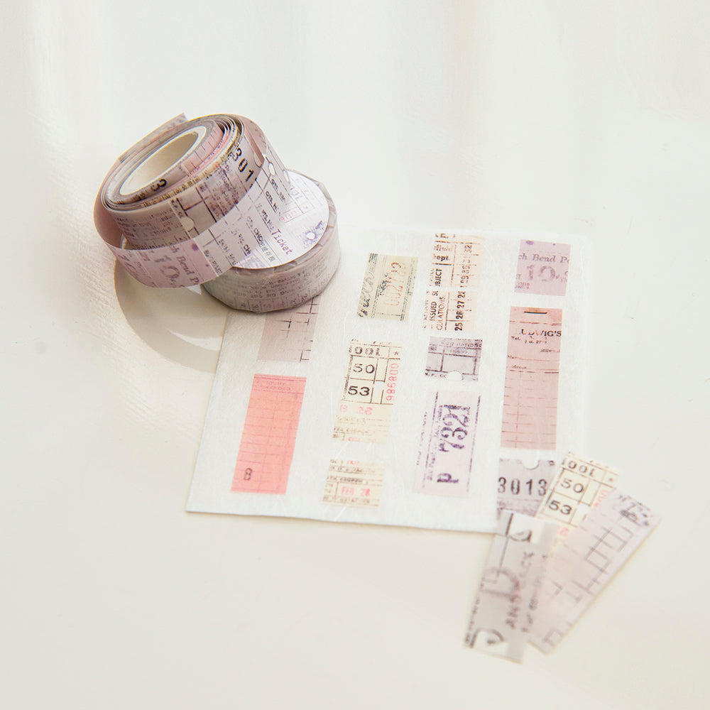 Decorative tape with vintage-style designs on a white background