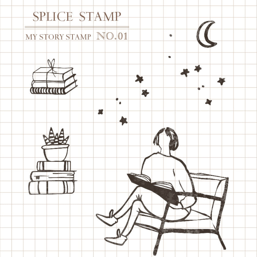 Illustration of a person sitting on a bench with books and a plant, on a grid background with 'Splice Stamp' branding.