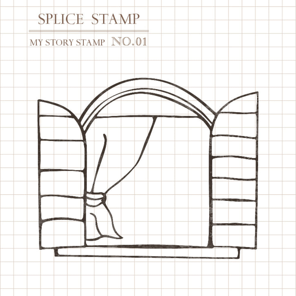 Black and white illustration of a broom and book on a grid background with 'Splice Stamp' text.