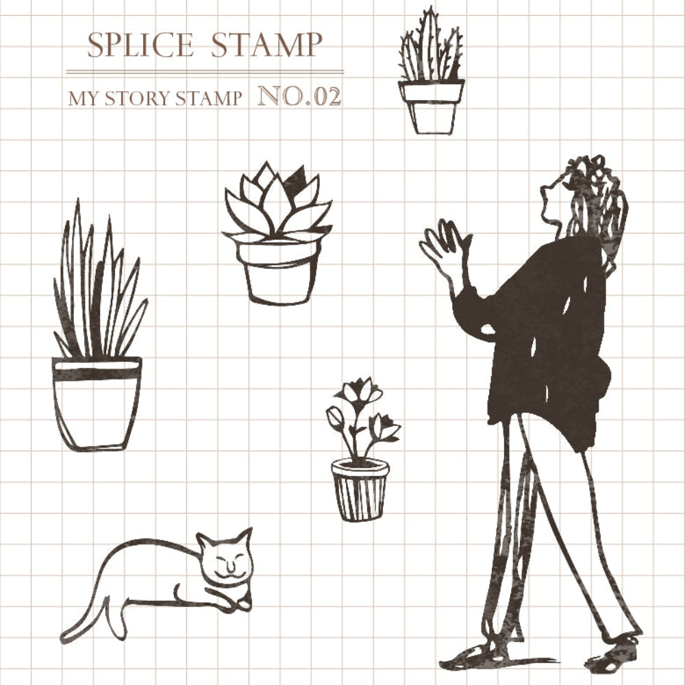 Splice Stamp with illustrations of a person, cat, and plants on a grid background