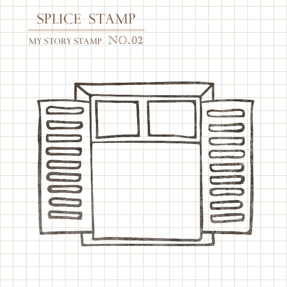 Doodle of a window with shutters on a grid background, featuring 'Splice Stamp' text.