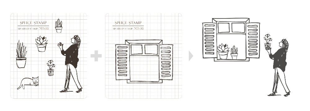 Illustration sequence showing a person with plants, a cabinet, and another person with plants, all on a white background.