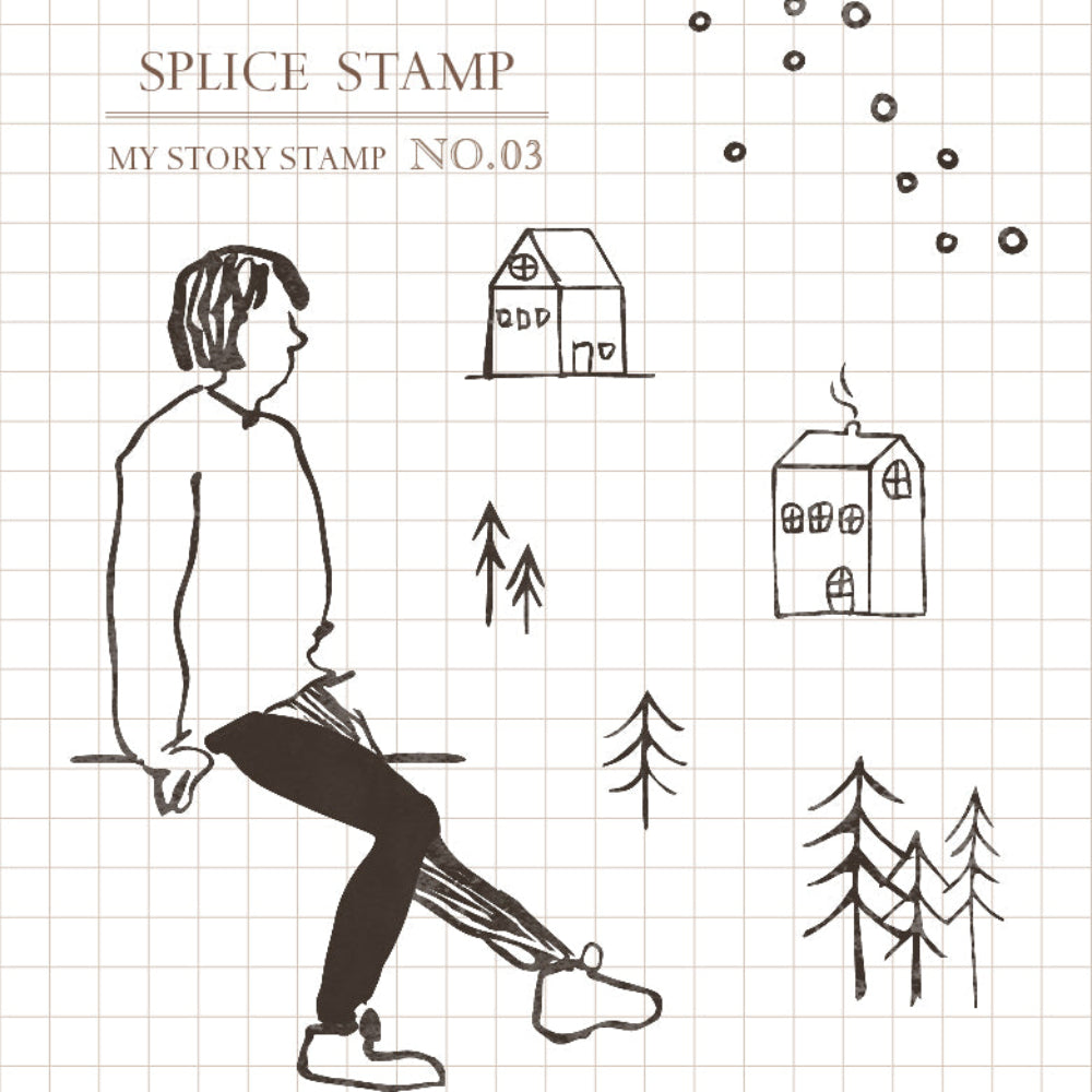 Illustration of a person sitting with houses and trees on a grid background, featuring 'Splice Stamp' branding.