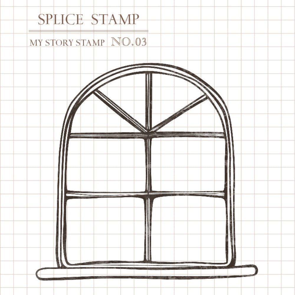 Window illustration on grid paper with 'Splice Stamp' text