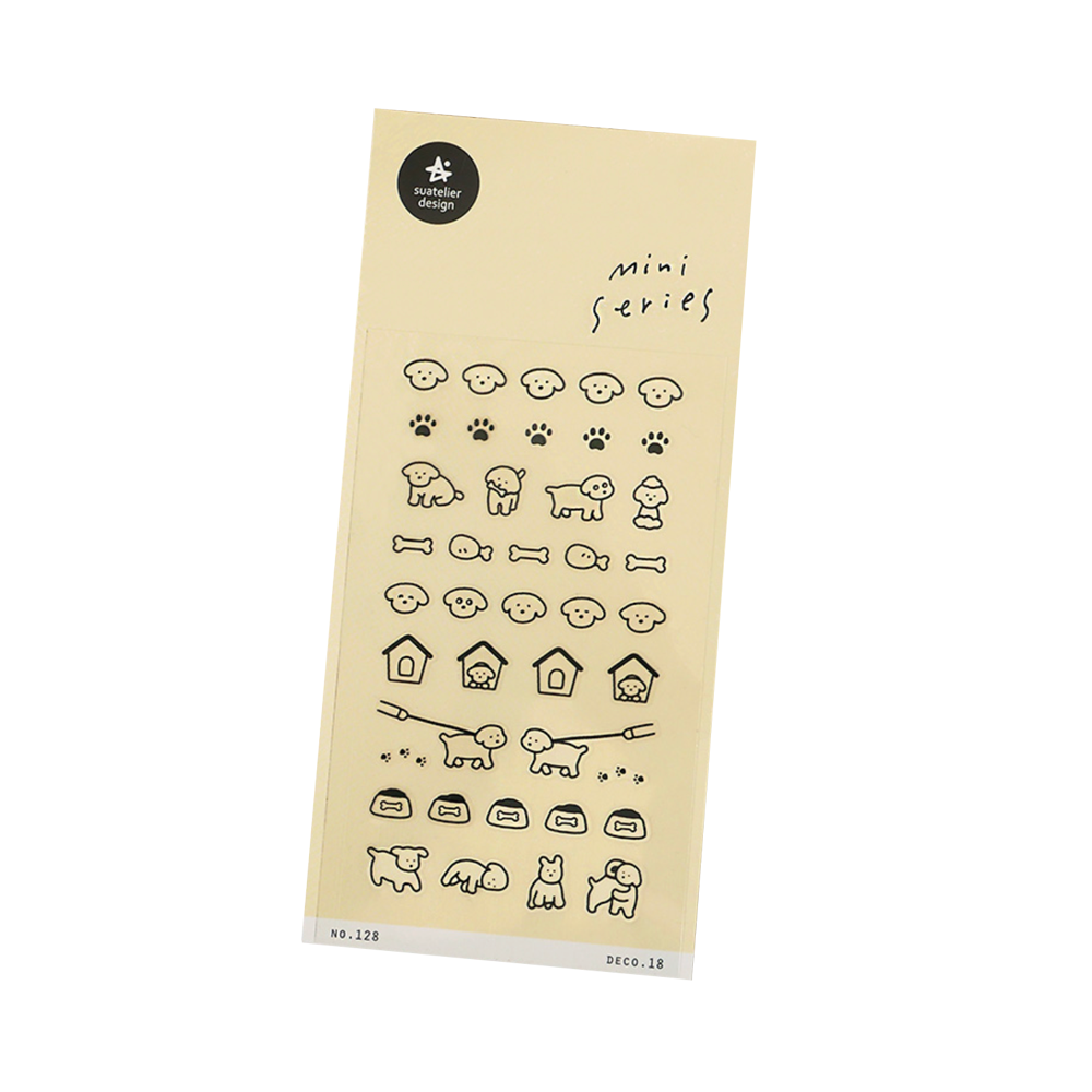 Sheet of dog-themed stickers with illustrations on a yellow background